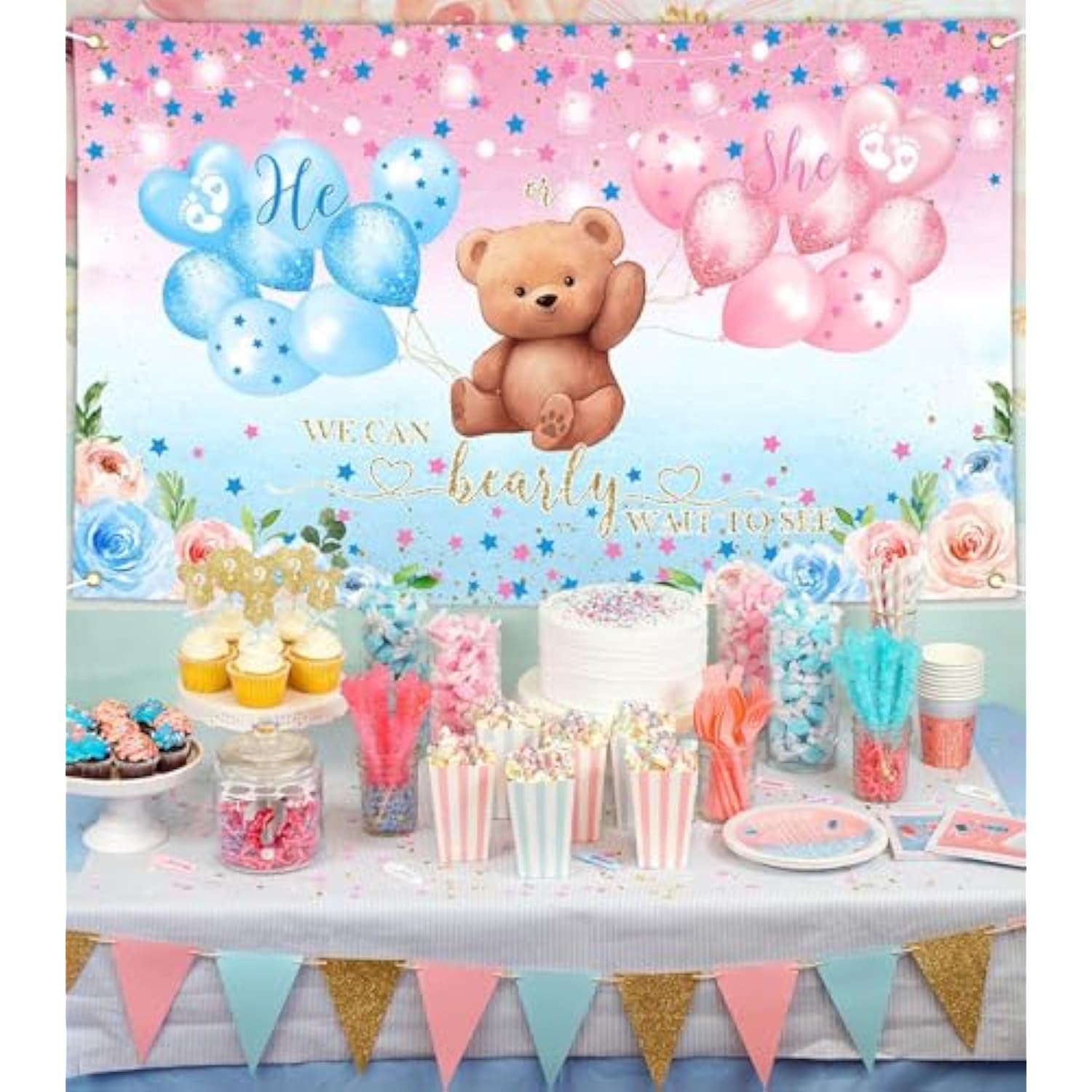 We Can Bearly Wait To See Banner He Or She Gender Reveal Party Supplies Pink And Blue Baby Reveal Party Decorations Bear Theme Backdrop Photo Booth Background 70.8 X 43.3 Inch
