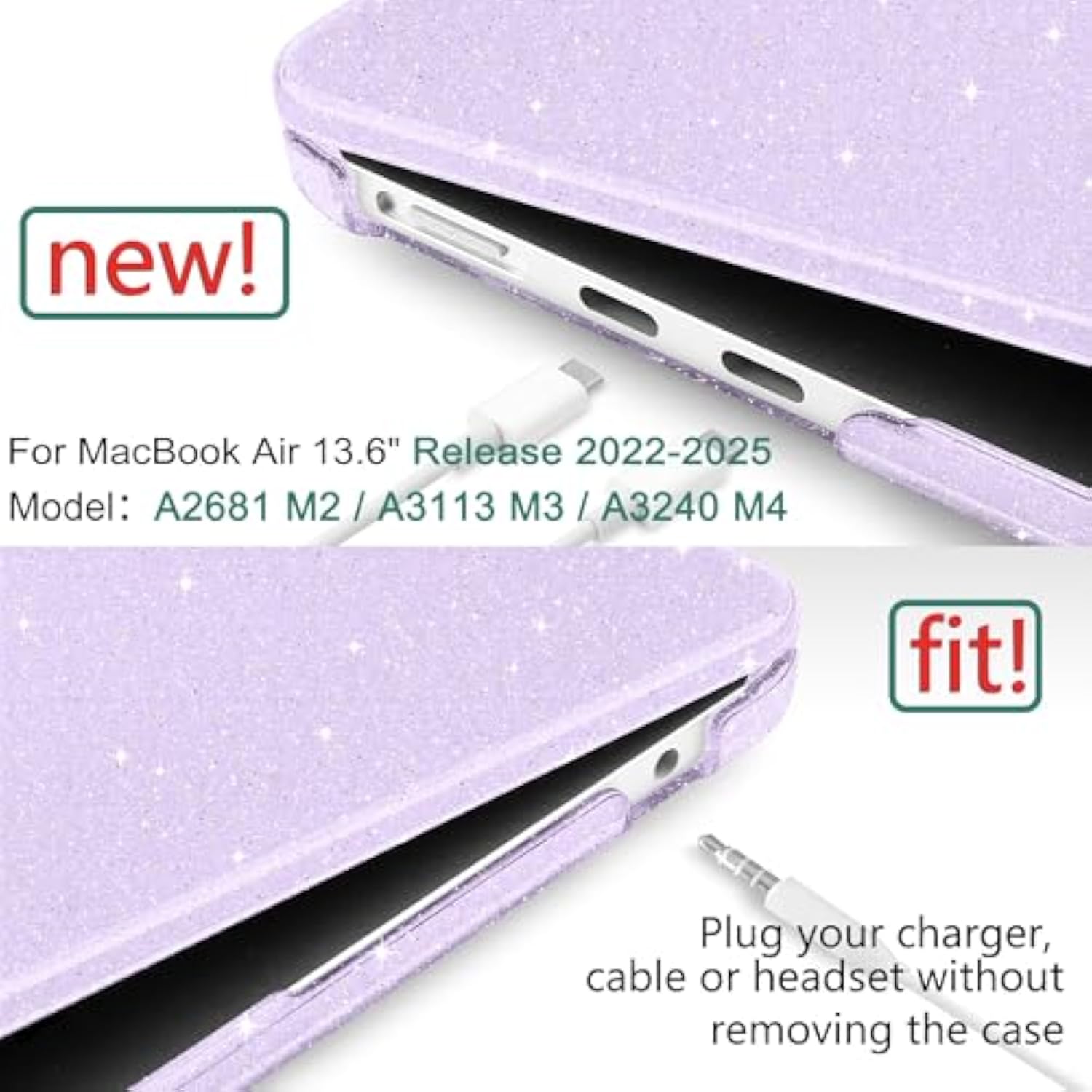 Compatible With Macbook Air 13.6 Inch Case M4 M3 M2 2025 2024 2023 2022 A3240 A3113 A2681, Glitter Bling Plastic Hard Shell & Keyboard Cover For Macbook Air M4 13 Inch Case, Star Purple