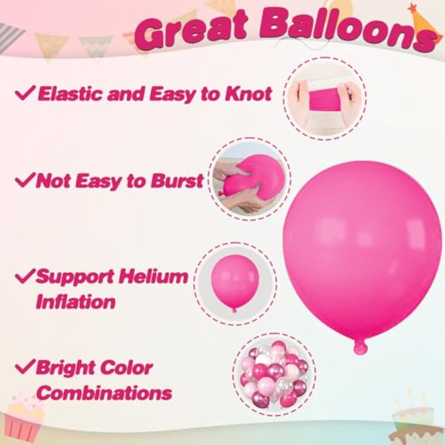 Pink Balloons, 12 Inch Hot Pink White Balloons, Chrome Pinks Pastel Metallic Pinks White Clear Latex Balloon For Girls Birthday Baby Shower Bridal Shower Valentine'S Day Wedding Party Decorations