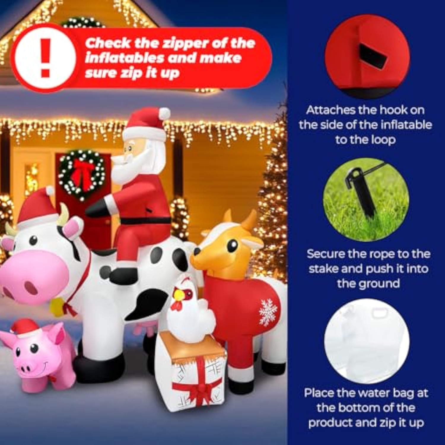6Ft Christmas Inflatables Santa Farm Scene With Blow Up Cow, Pig, Chicken & Gifts, Led Lighted Christmas Decorations For