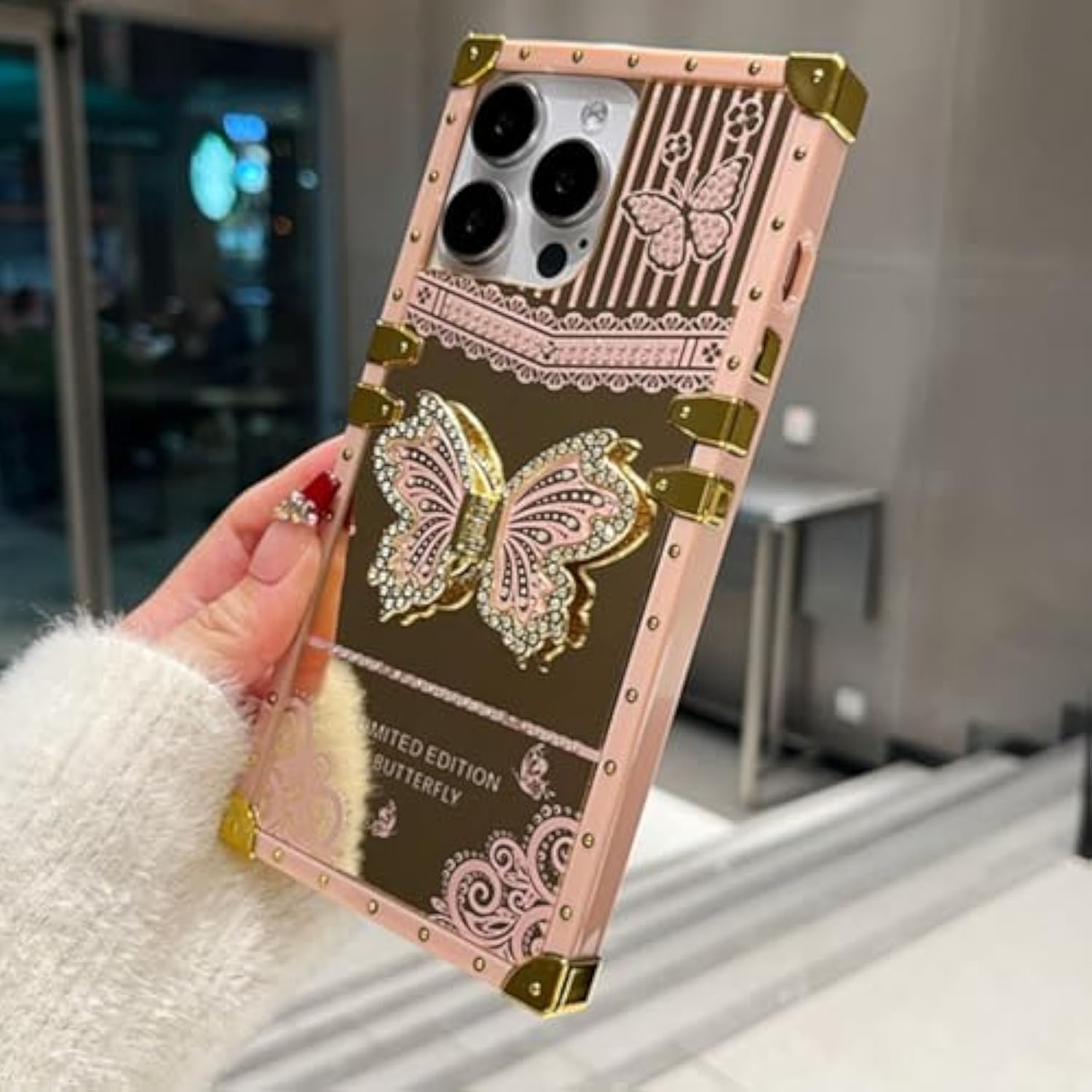 Auroicyy For Iphone 16 Pro Max Butterfly Stand Case, Glitter Bling Foldable Kickstand Woman Girly Mirror Back Golden Plated Shockproof Protective Elegant Cute Soft Cover For Iphone 16 Pro Max (Pink)