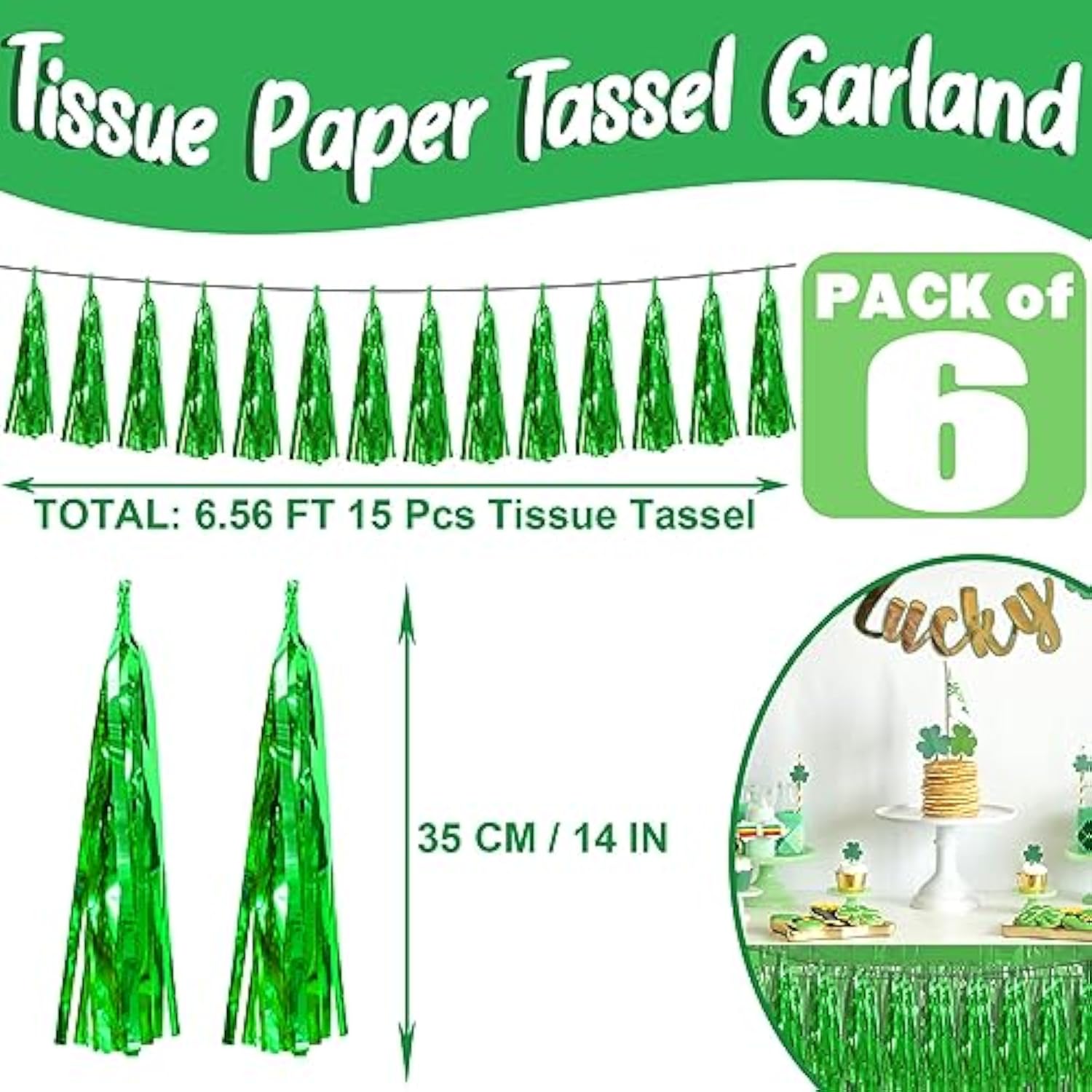 6P Green Foil Fringe Metallic Tassel Streamers Banner Tassel Garland For Parade Floats, Bachelorette, Wedding, Birthday, Graduation, Christmas, Bridal/Baby Shower Party Decorations