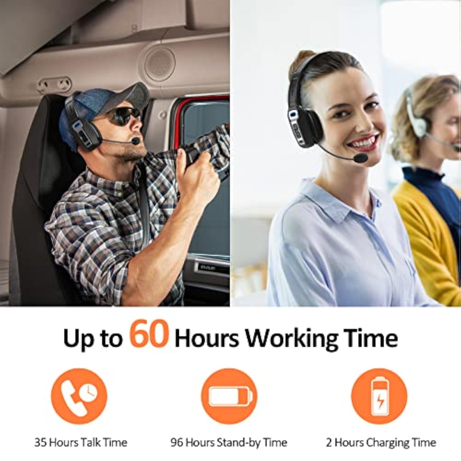 Bluetooth Headset With Microphone, Trucker Bluetooth Headset With Ai Noise Cancelling & Mute Button, Wireless On-Ear Headphones 60 Hrs Working Time, For Trucker Home Office Remote Work Zoom