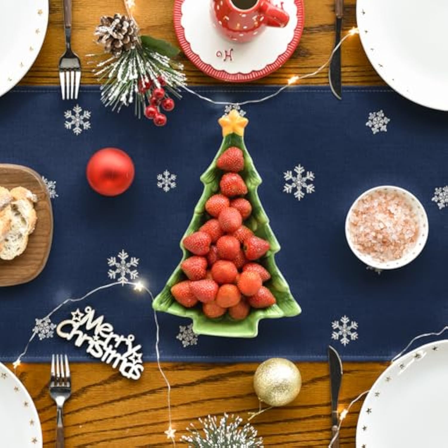 Xmas Trees Snowflakes Blue Merry Christmas Table Runner, Winter Seasonal Kitchen Dining Table Decoration For Home Party Decor 13X72 Inch
