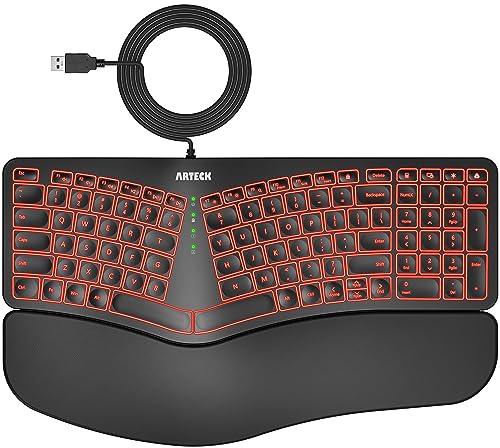Ergonomic Usb Wired Keyboard With Cushioned Wrist & Palm Rest, Backlit 7 Colors & Adjustable Brightness Comfortable Natural Split Keyboard With 6 Feet Wire For Windows Computer Desktop Laptop