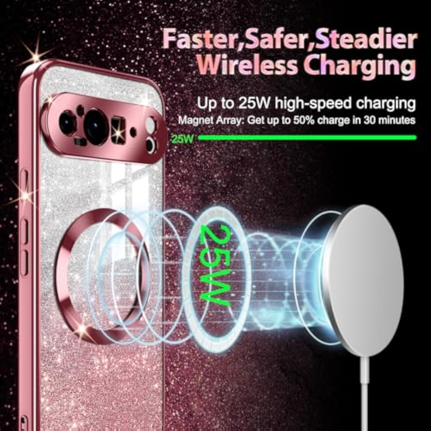 MagSafe-Compatible Google Pixel 9 Pro XL Case, Glitter Sparkle Shockproof, Rose Gold
