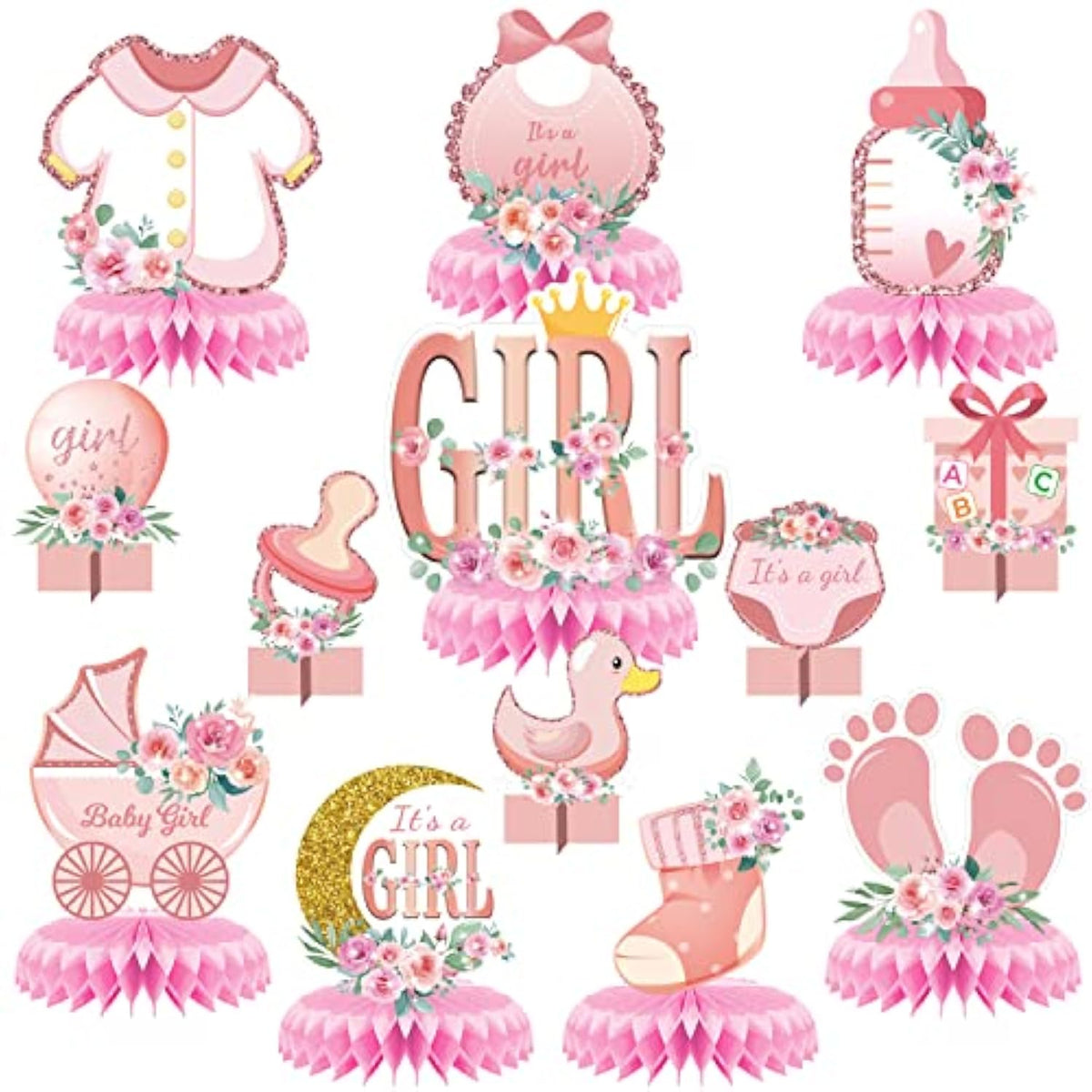 13 Pcs Pink Baby Shower Centerpieces For Tables,Honeycomb Centerpiece