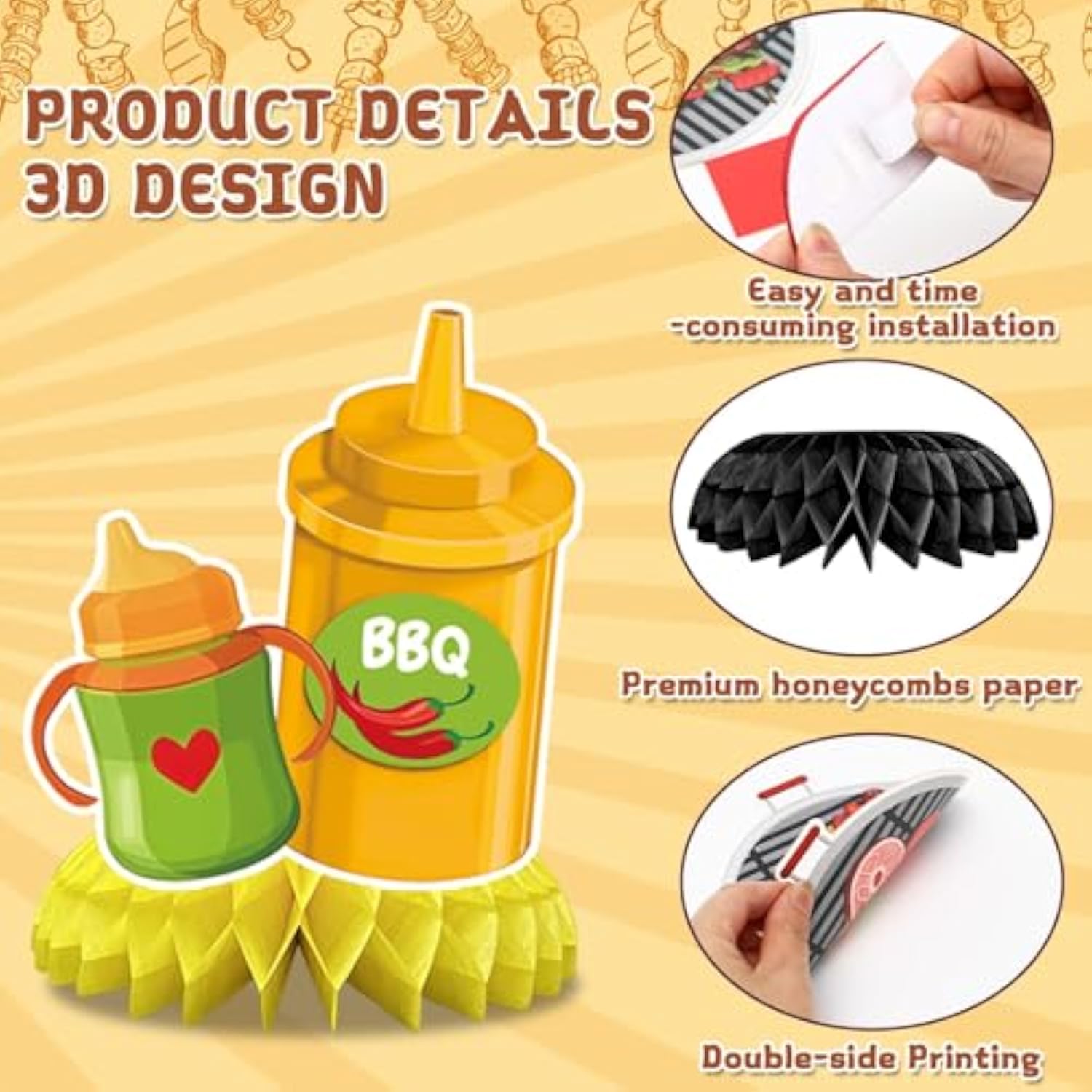 9Pcs Bbq Baby Shower Party Decorations Honeycomb Centerpieces, 3D Double Side Summer Picnic Centerpieces For Tables Cookout Bbq Birthday Picnic Themed Party Decorations Supplies