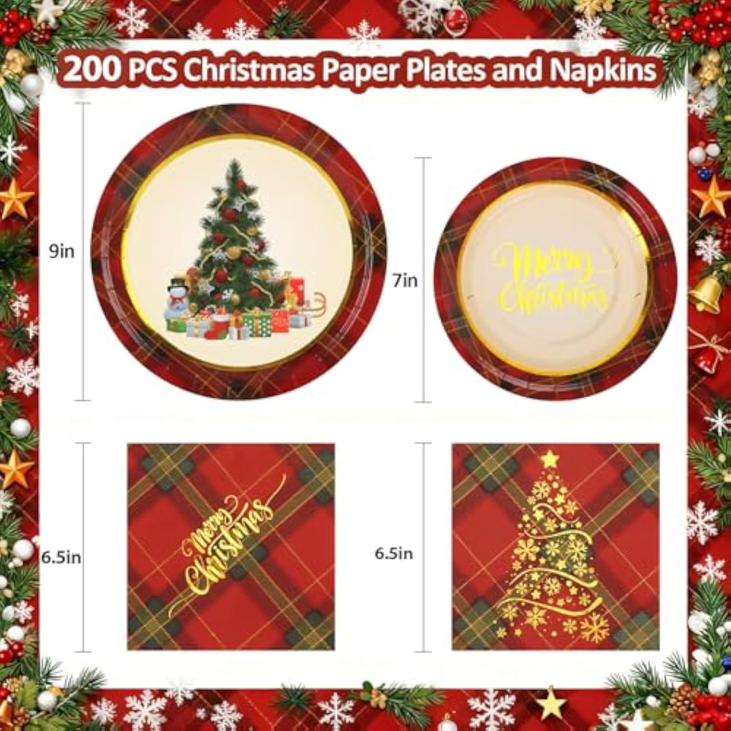 200Pcs Christmas Paper Plates And Napkins Set For 50 Guests, 9’’ Disposable Xmas Tree Plates, 7’’ Dessert Plates With Buffalo Plaid Merry Christmas Party Supplies Tableware For Xmas Party Decorations
