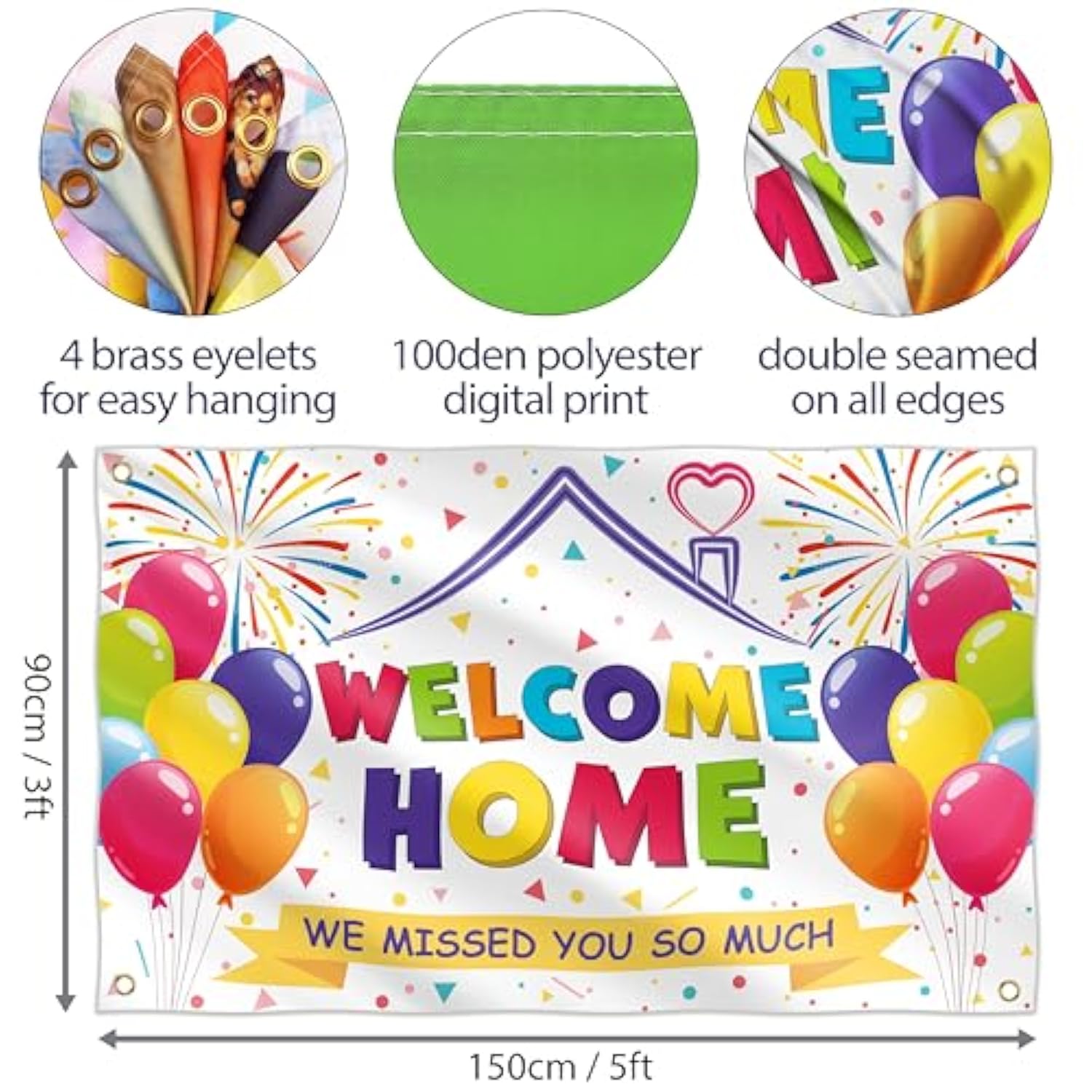 Welcome Home Banner: 5x3 ft White Polyester Sign, Double-Stitched
