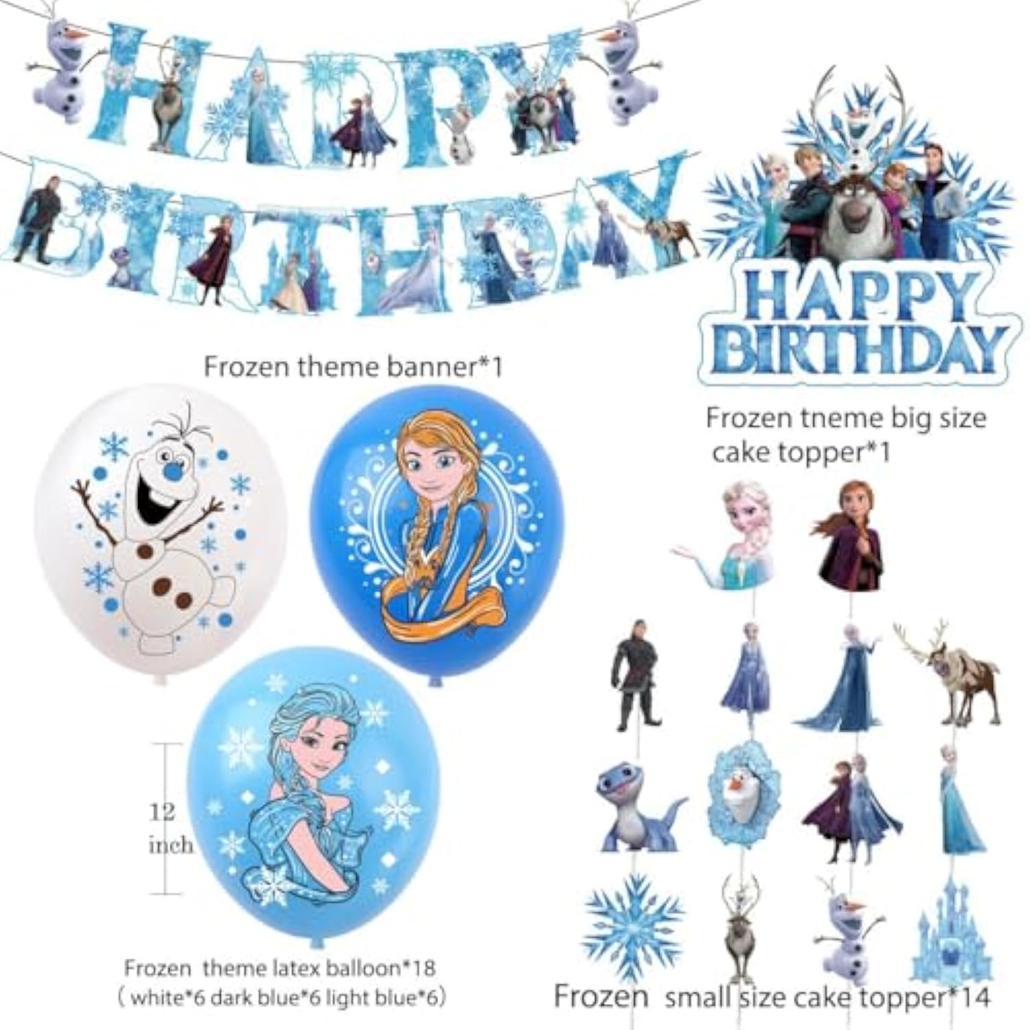 49Pcs Frozen Theme Party Set with DIY Cake Toppers and Backdrop for Kids