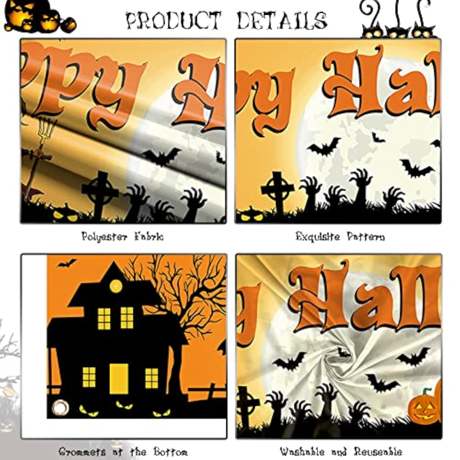 Large Outdoor Halloween Banner Fabric Pumpkin Graveyard Yard Sign Wall Fence Decor
