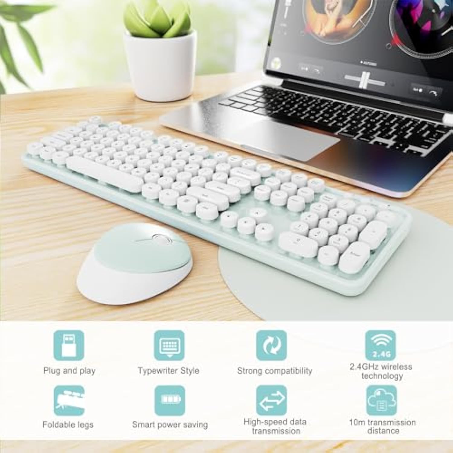 Wireless Keyboard And Mouse Combo, Ergonomic Full Size Typewriter Retro Round Keycaps Keyboard, Compatible With Windows, Pc, Perfer For Home And Office Keyboards?Green?