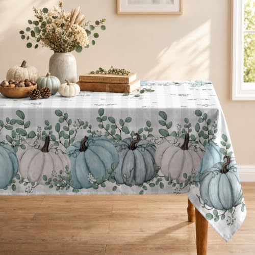 Fall Tablecloth 60x84 Inch Rectangular, Thanksgiving Autumn Harvest Blue Pumpkin Buffalo Plaid Table Cover for Party Picnic Dinner Decor