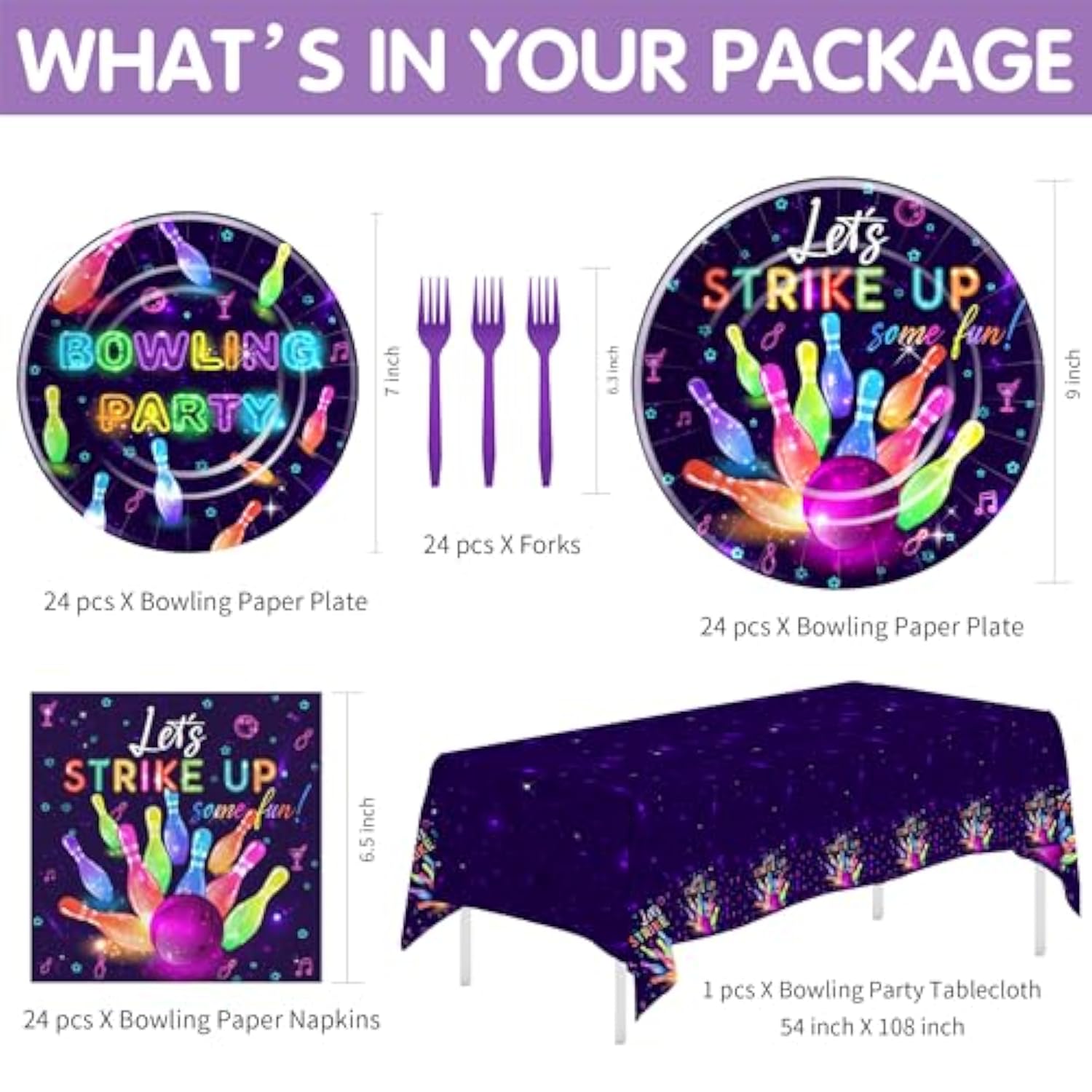 Bowling Party Decorations Dinnerware, Strike Up Some Fun Bowling Ball Birthday Party Supplies Tableware, Paper Plate, Napkin, Tablecloth, Disposable Fork, Serves 24