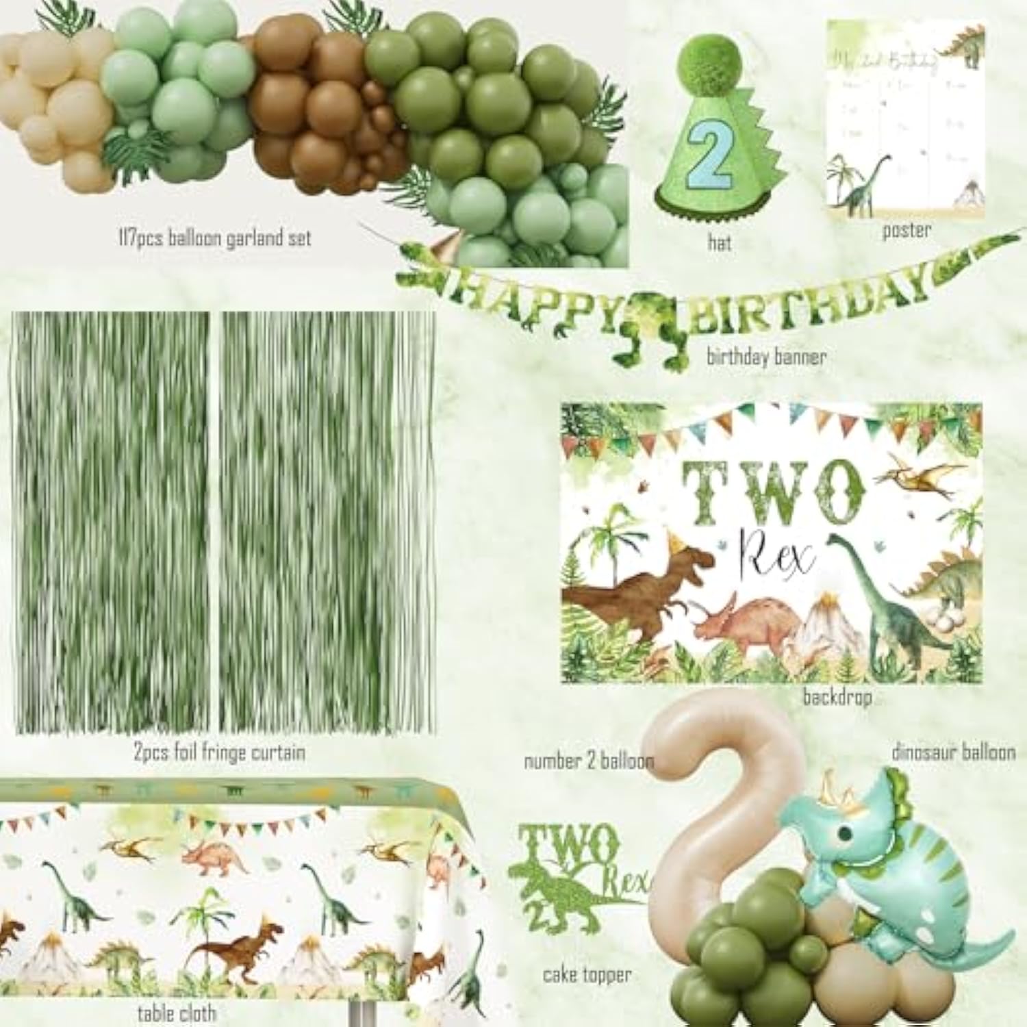 Two Rex Birthday Decorations For Boy, Dinosaur 2Nd Birthday Party Supplies, Second Bday Decor, Two Rex Backdrop Tablecloth Fringe Curtain Balloon Arch Cake Topper Birthday Banner Hat