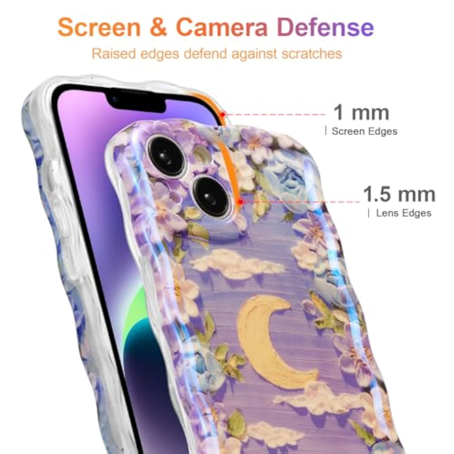 Case For Iphone 13, Colorful Retro Oil Painting Flower Moon Pattern Laser Cute Curly Wave Edge Exquisite Phone Cover Stylish Durable Tpu Protective Case For Girls Women - Purple White