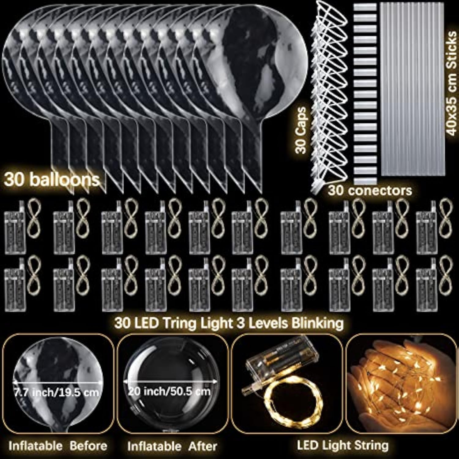 30-Pack LED Bobo Balloons with Warm String Lights Clear Glow Party Decor