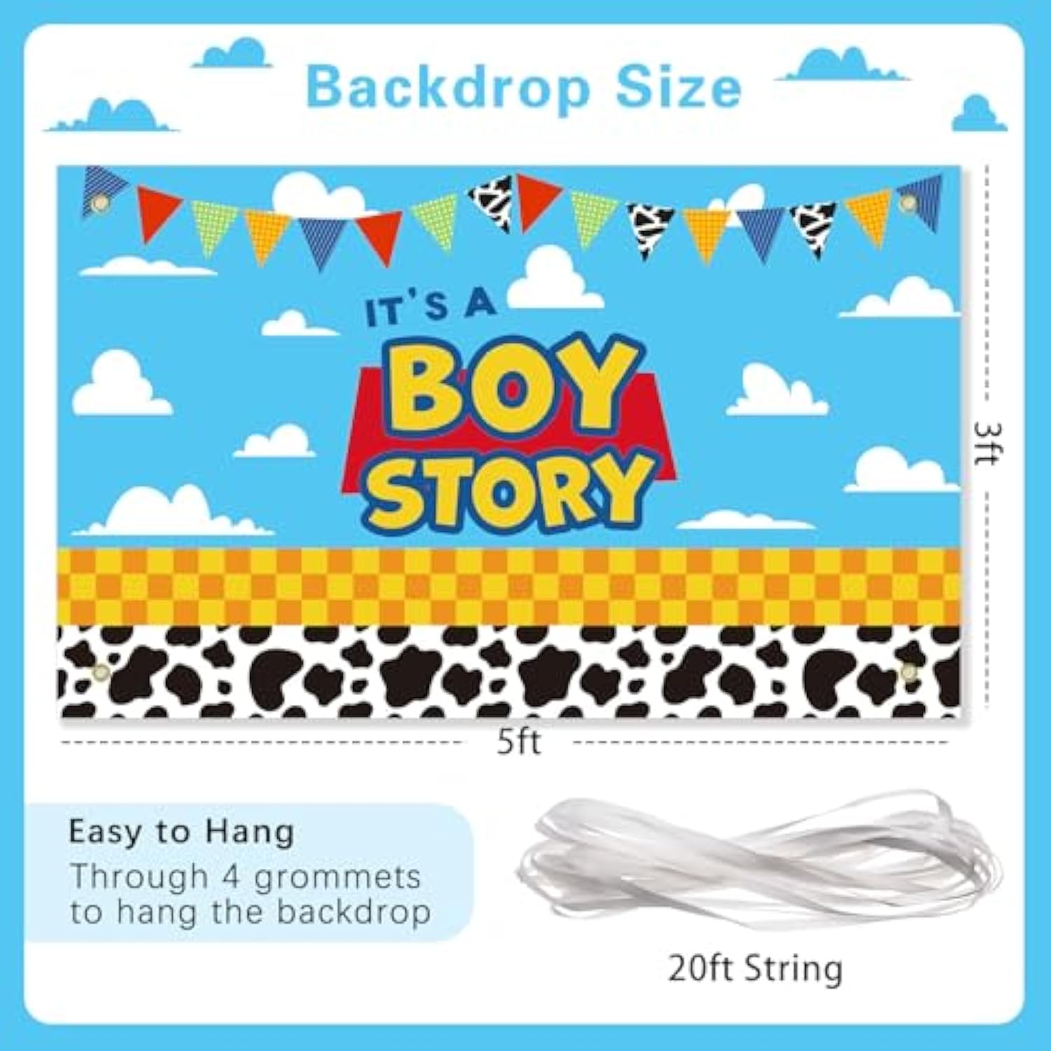Boy Story Baby Shower Backdrop – “It’s a Boy Story” 3×5 ft Toy & Cloud Theme Banner Decoration