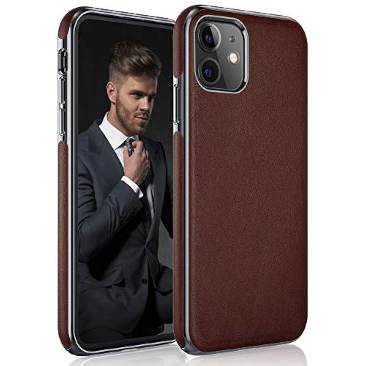 For Iphone 11 Case, Luxury Leather Thin Slim Fit Rugged Bumper Non-Slip Soft Grip Anti-Scratch Shockproof Protective Phone Cover Cases Compatible With Iphone 11 6.1 Inch (2019) - Brown