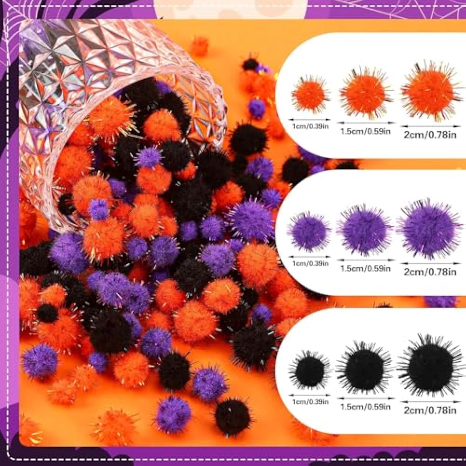 Halloween Pom Poms: Orange, Black, Purple Craft Fluffy Balls (600 Pieces