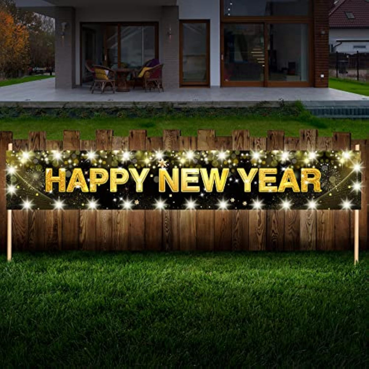 Jumbo LED "Happy New Year" Yard Sign 118" x 19.6" Black & Gold Light-Up Banner
