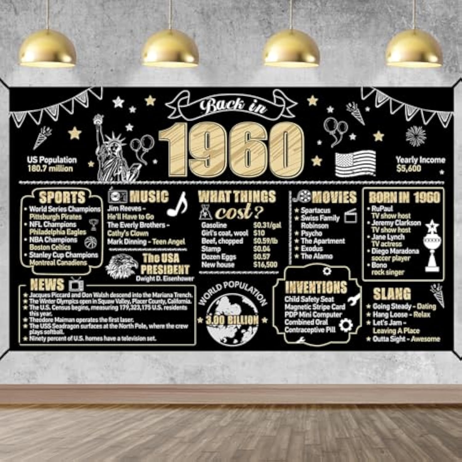 65th Birthday “Back in 1960” Banner – Black & Gold Party Backdrop Decor