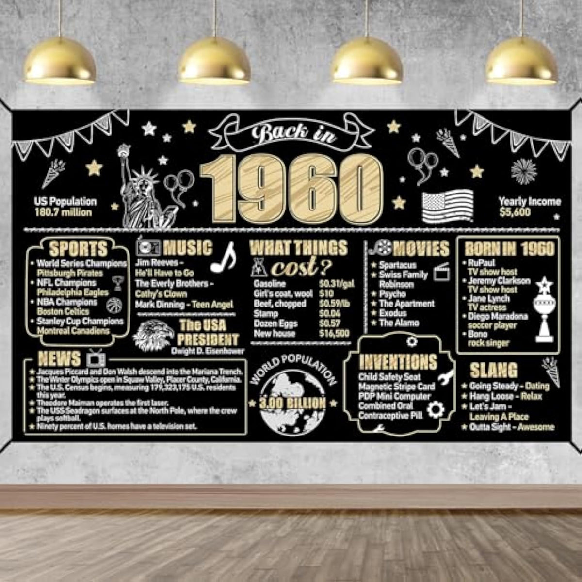 65th Birthday “Back in 1960” Banner – Black & Gold Party Backdrop Decor
