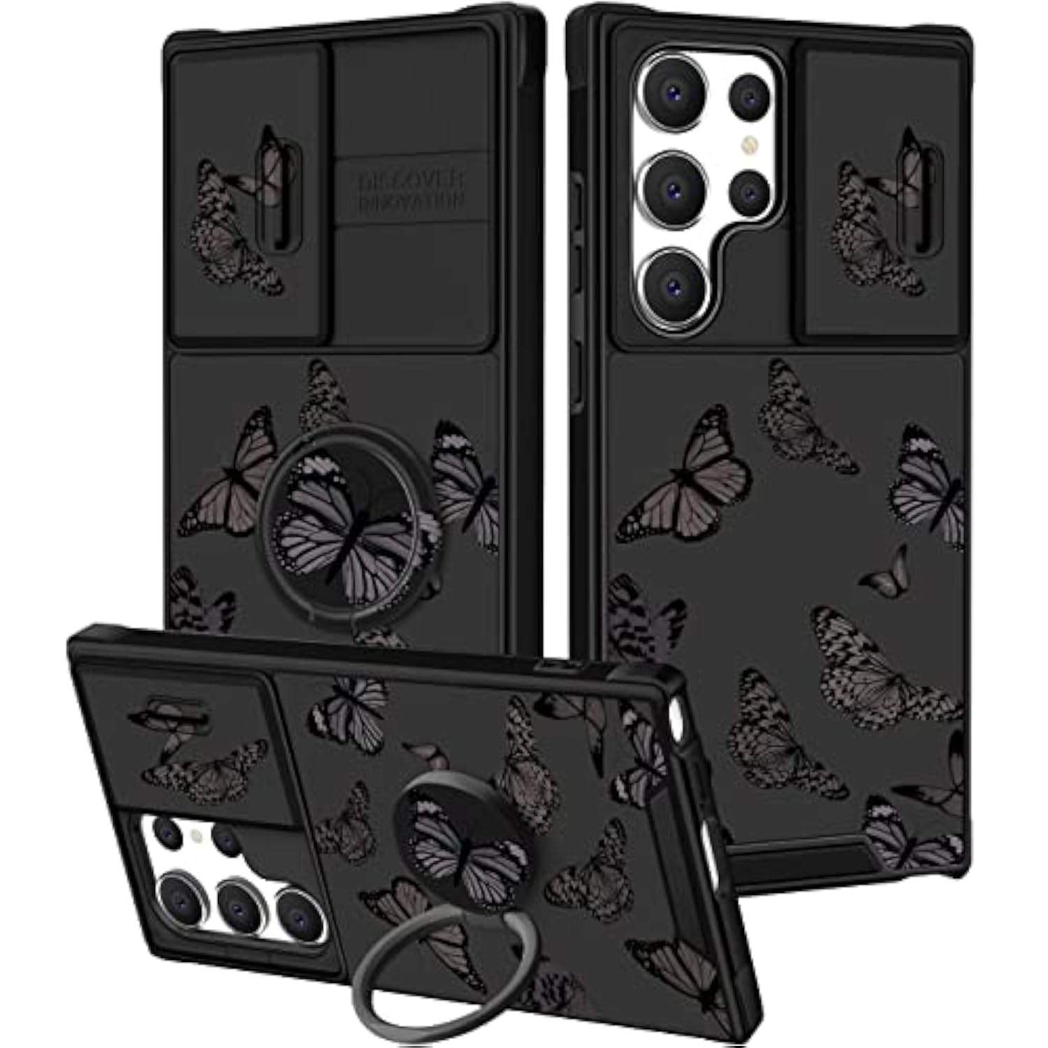 (2In1 For Samsung Galaxy S23 Ultra Case Black Butterfly For Women Girls Girly Phone Cover Cute Butterflies Design With Slide Camera Cover+Ring Holder Fashion Cases For S23 Ultra 5G 2023 6.8''
