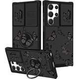 (2In1 For Samsung Galaxy S23 Ultra Case Black Butterfly For Women Girls Girly Phone Cover Cute Butterflies Design With Slide Camera Cover+Ring Holder Fashion Cases For S23 Ultra 5G 2023 6.8''