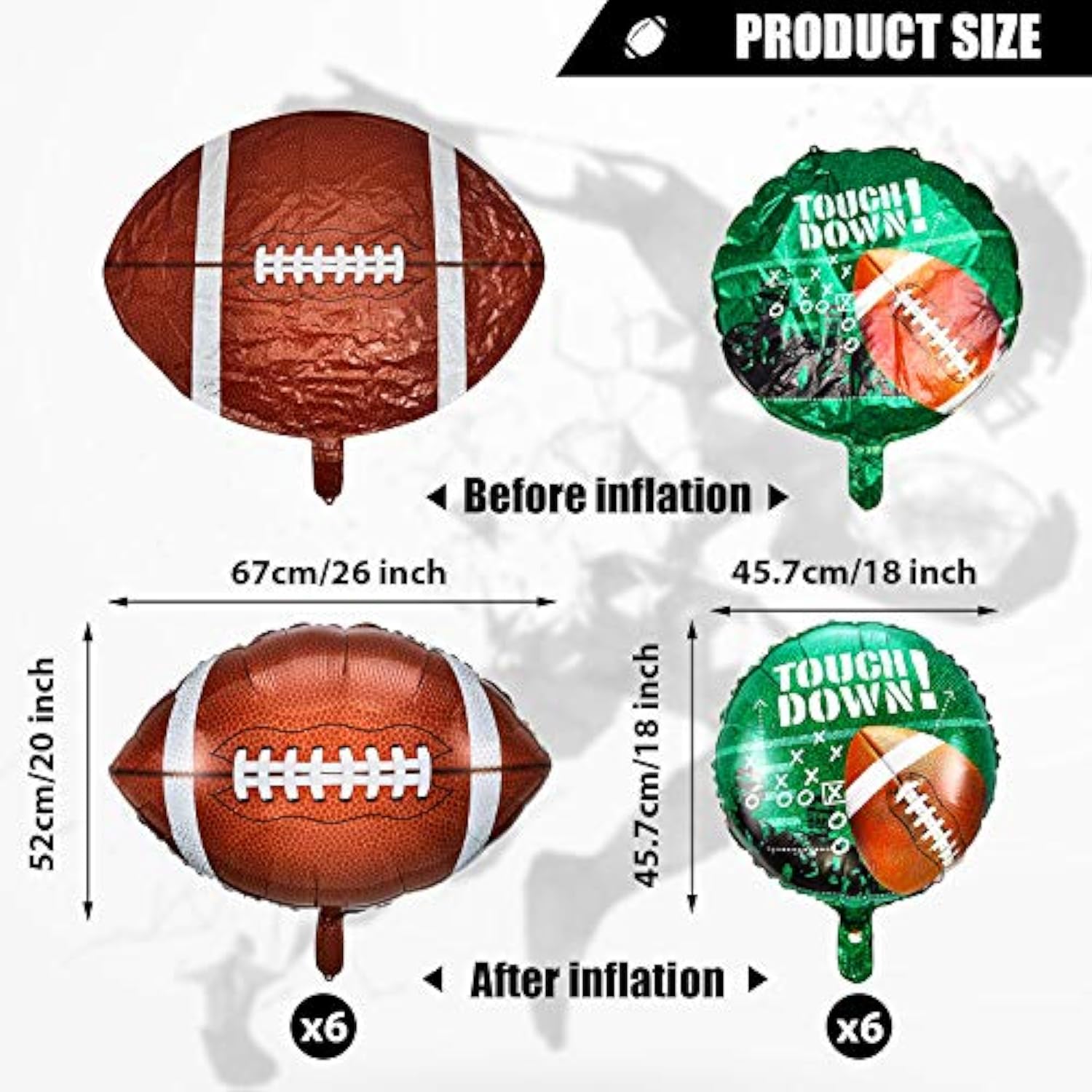 6 Pieces 26 & 18 Inch Football Balloons Set Football Party Decorations Sports Foil Rugby Ball Balloons For Birthday Tailgate Game Day, Sports Event(12 Pieces)