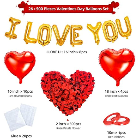 I Love You Balloons And Heart Balloons Kit With Rose Petals, Valentine