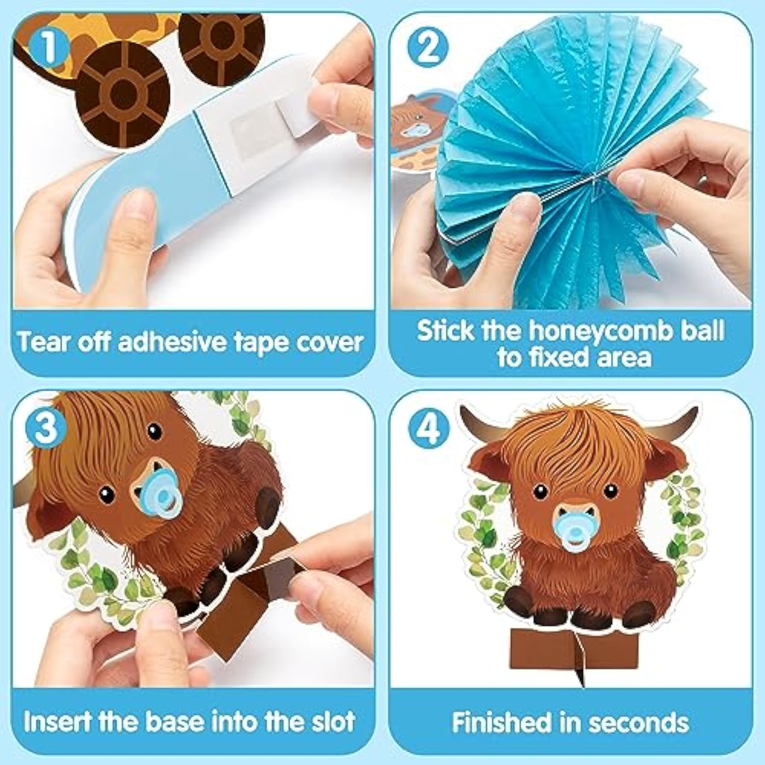 12Pcs Greenery Highland Cow Honeycomb Centerpieces Blue Highland Cattl