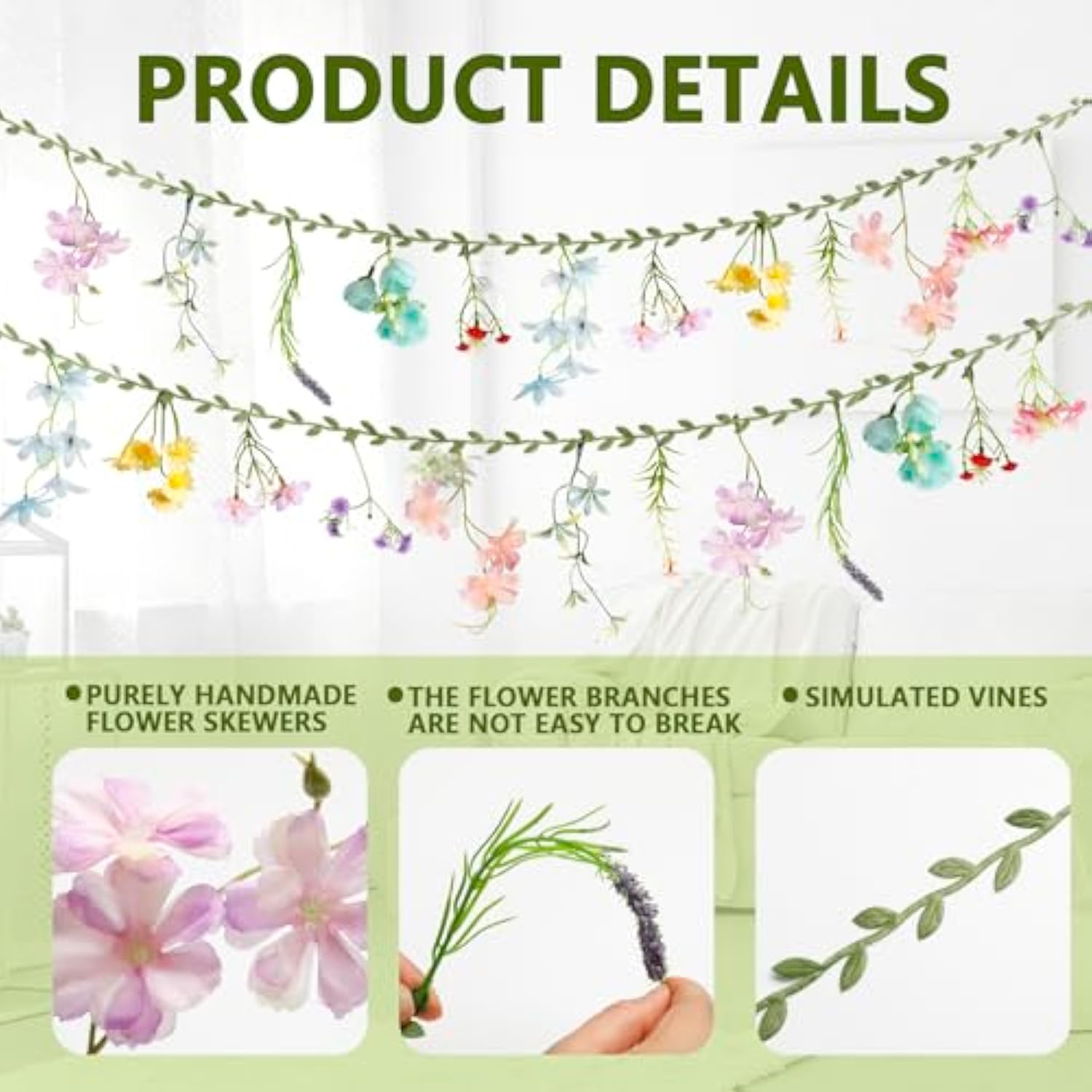 2 Pcs 6.5 Ft Artificial Flower Banner Spring Wildflower Garland Hanging Flowers For Decoration Floral Backdrop For Bridal Shower Home