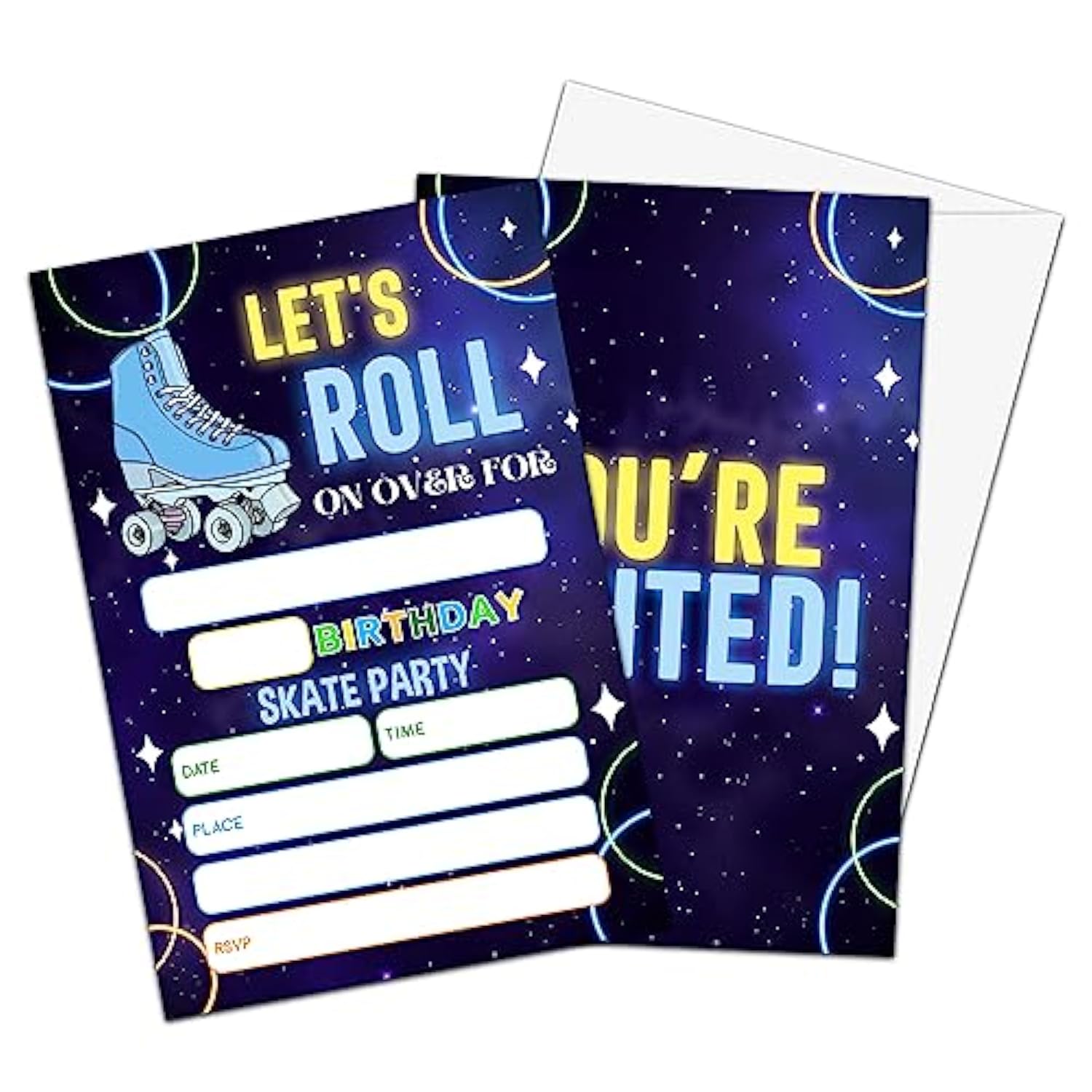 Roller Skate Birthday Invitations, Let'S Roll Neon Birthday Party Invitations For Boys Girls, Birthday Party Invitation Cards, Party Supplies And Decoration, 20 Cards & 20 Envelopes -D01