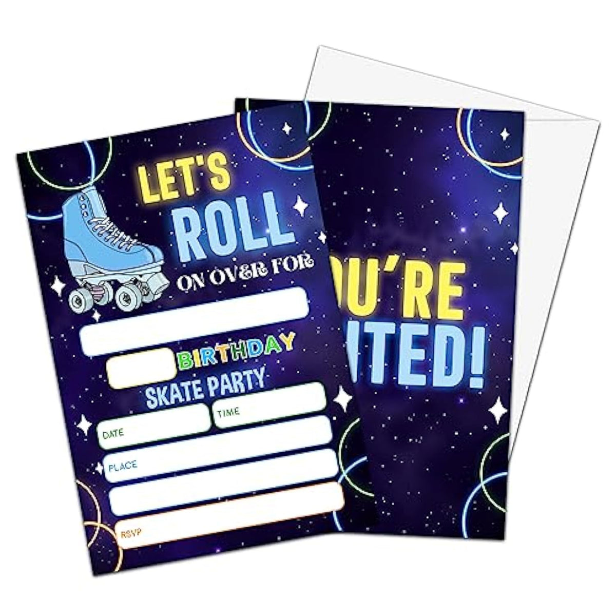 Roller Skate Birthday Invitations, Let'S Roll Neon Birthday Party Invitations For Boys Girls, Birthday Party Invitation Cards, Party Supplies And Decoration, 20 Cards & 20 Envelopes -D01