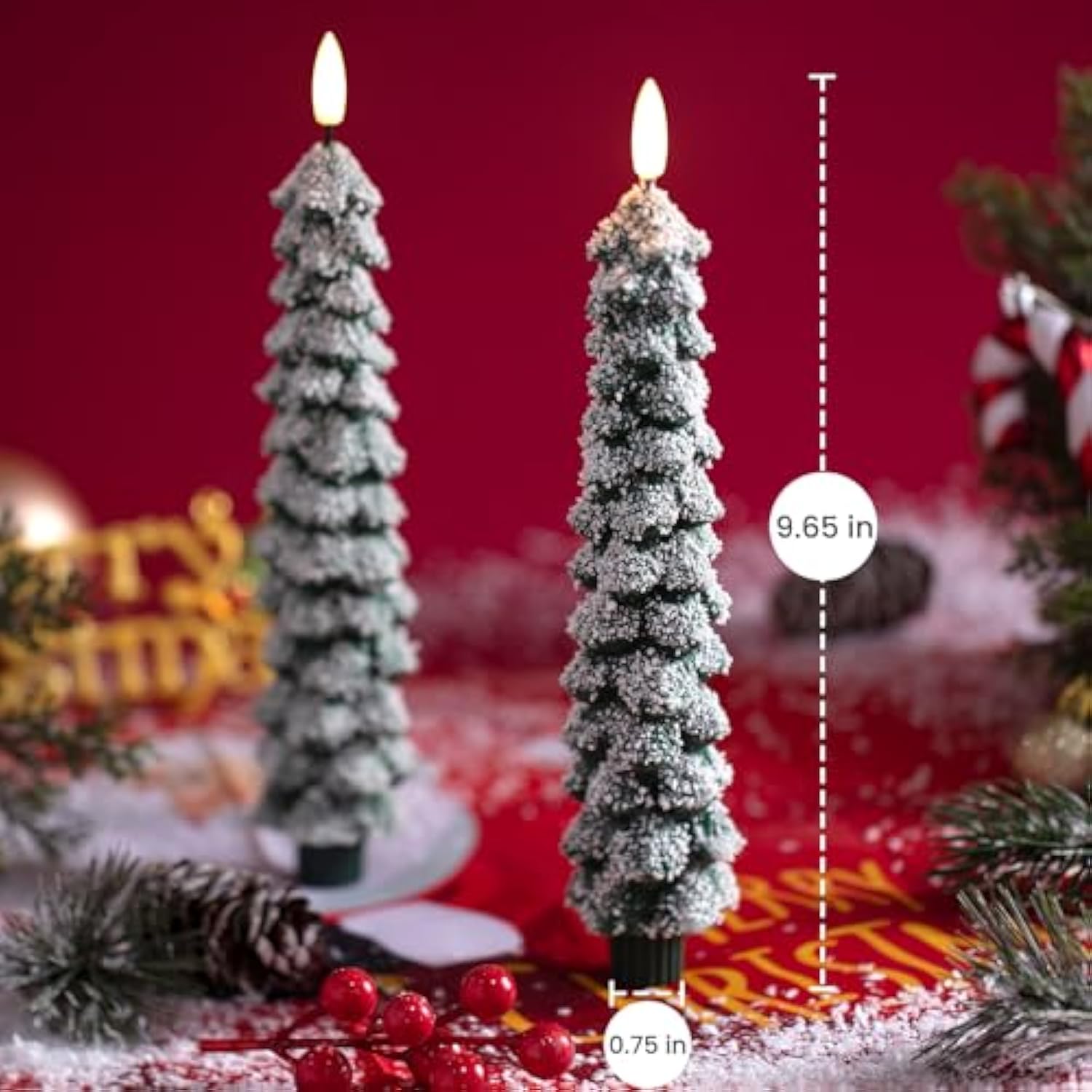 4 Pcs Flameless Christmas Tree Candles With Remote, Snow Covered Real Wax Flameless Taper Candles 9.65 Inch, Led Candlesticks Battery Operated With 3D Flickering Flame, Christmas Candles Decor