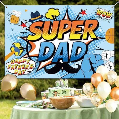 Happy Father's Day Banner Backdrop Super Dad Theme Background Decor for Happy Father's Day Festival Party Celebration Photography Photo Prop Decorations Supplies 72x43in-