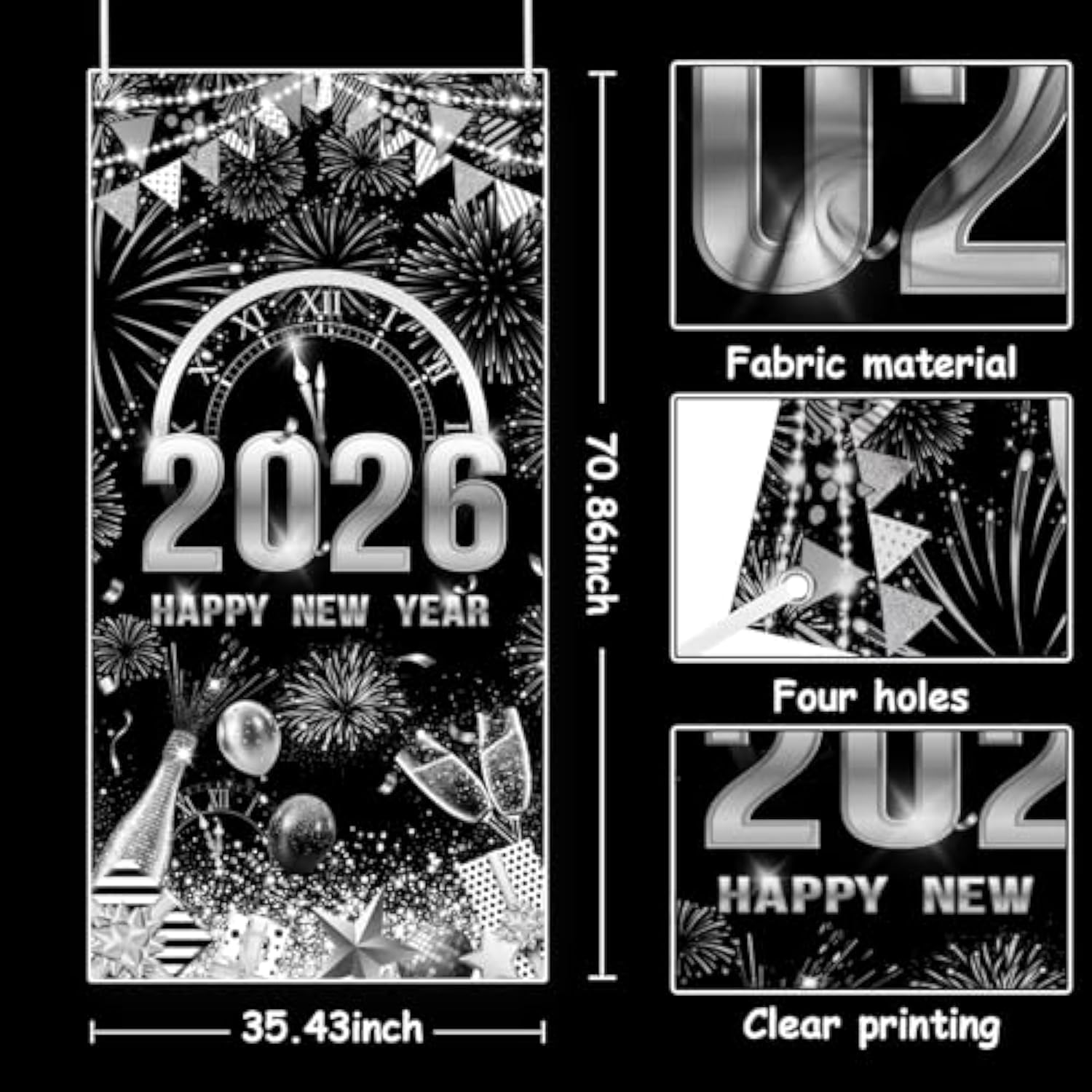 2026 Happy New Year Door Cover Black Silver Party Decor with Balloon and Fireworks