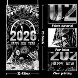 2026 Happy New Year Door Cover Black Silver Party Decor with Balloon and Fireworks