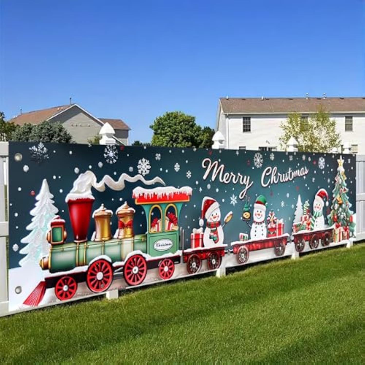 Christmas Fence Banner 78X17 Inch Merry Christmas Train Outdoor Decorations Snowman Santa Tree Holiday Wall Backdrop For Yard Porch Fence Decor