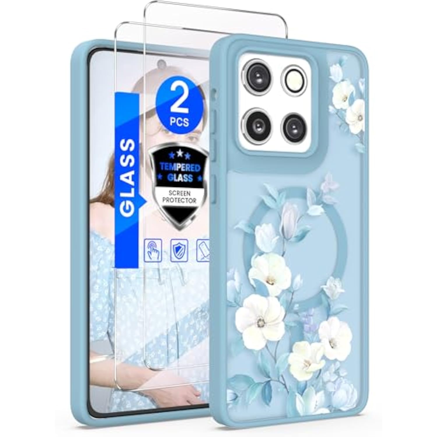 For Motorola Moto G Stylus 5G 2025 Floral Phone Case With 2X Screen Protector, Military Grade Magnetic Translucent Matte Girls Women Flower Pattern Protective Cover (Blue)
