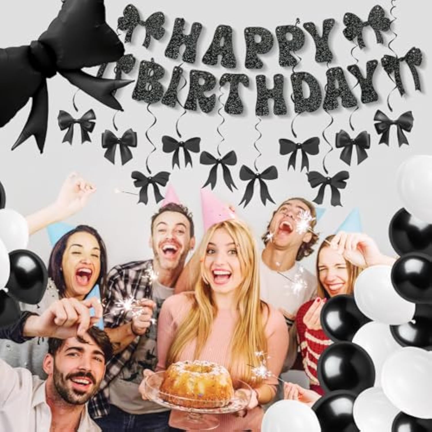 Black Bow Party Decorations, Coquette Birthday Decorations Includes Happy Birthday Banner,Hanging Swirl, Foil Balloon,Black White Latex Balloons,Bow Party Decorations