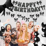 Black Bow Party Decorations, Coquette Birthday Decorations Includes Happy Birthday Banner,Hanging Swirl, Foil Balloon,Black White Latex Balloons,Bow Party Decorations