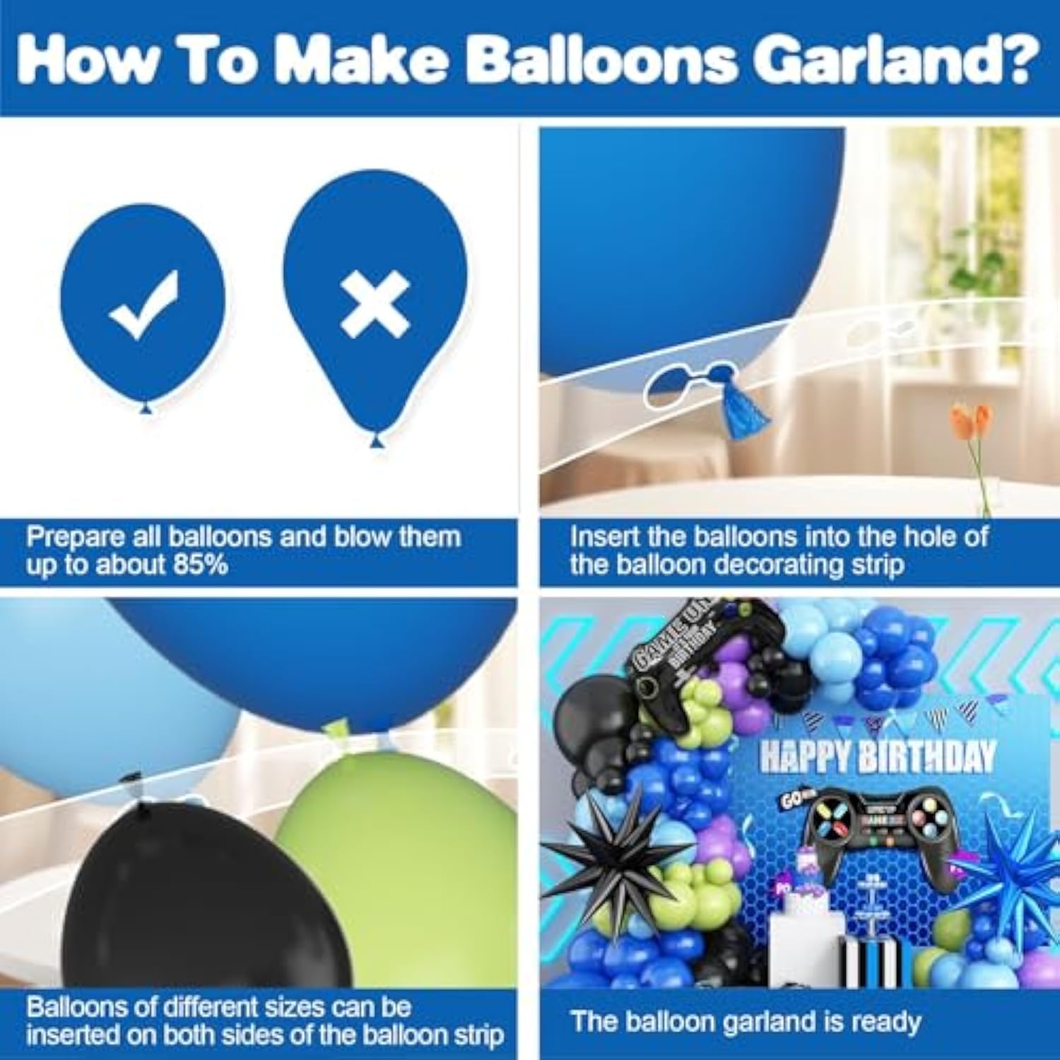 Video Game Party Balloon Garland Kit – Blue & Green Decor with Game Controller Foil Balloons