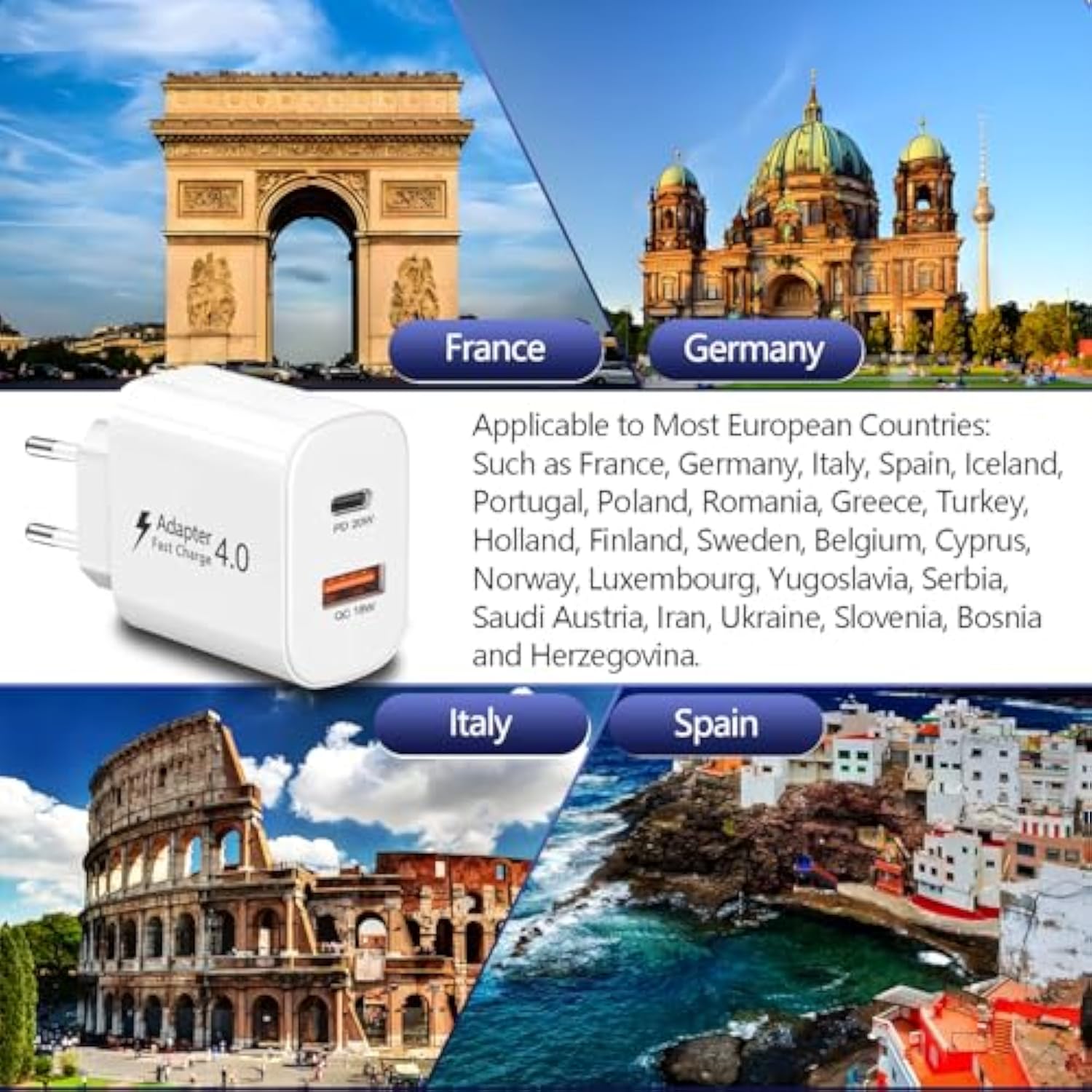 European Travel Plug Adapter, Europe Charger Pd20W Qc18W European Usb C Charger Block Us To Eu Plug Adapter Usb C Wall Charger Fast Charging Block For Iphone 16 15 14 13 12 11, Galaxy, Lg, Pixel