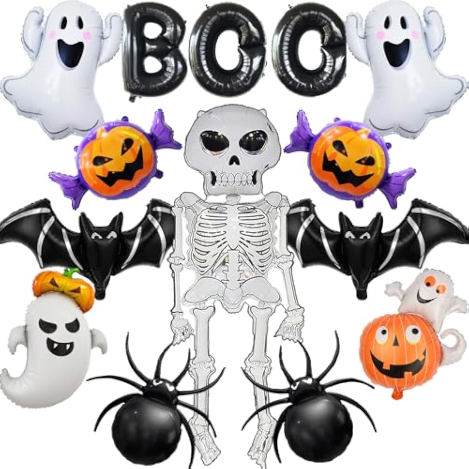 Halloween Foil Balloon Set: Ghost, Spider, Pumpkin, Bat, BOO - 12PCS