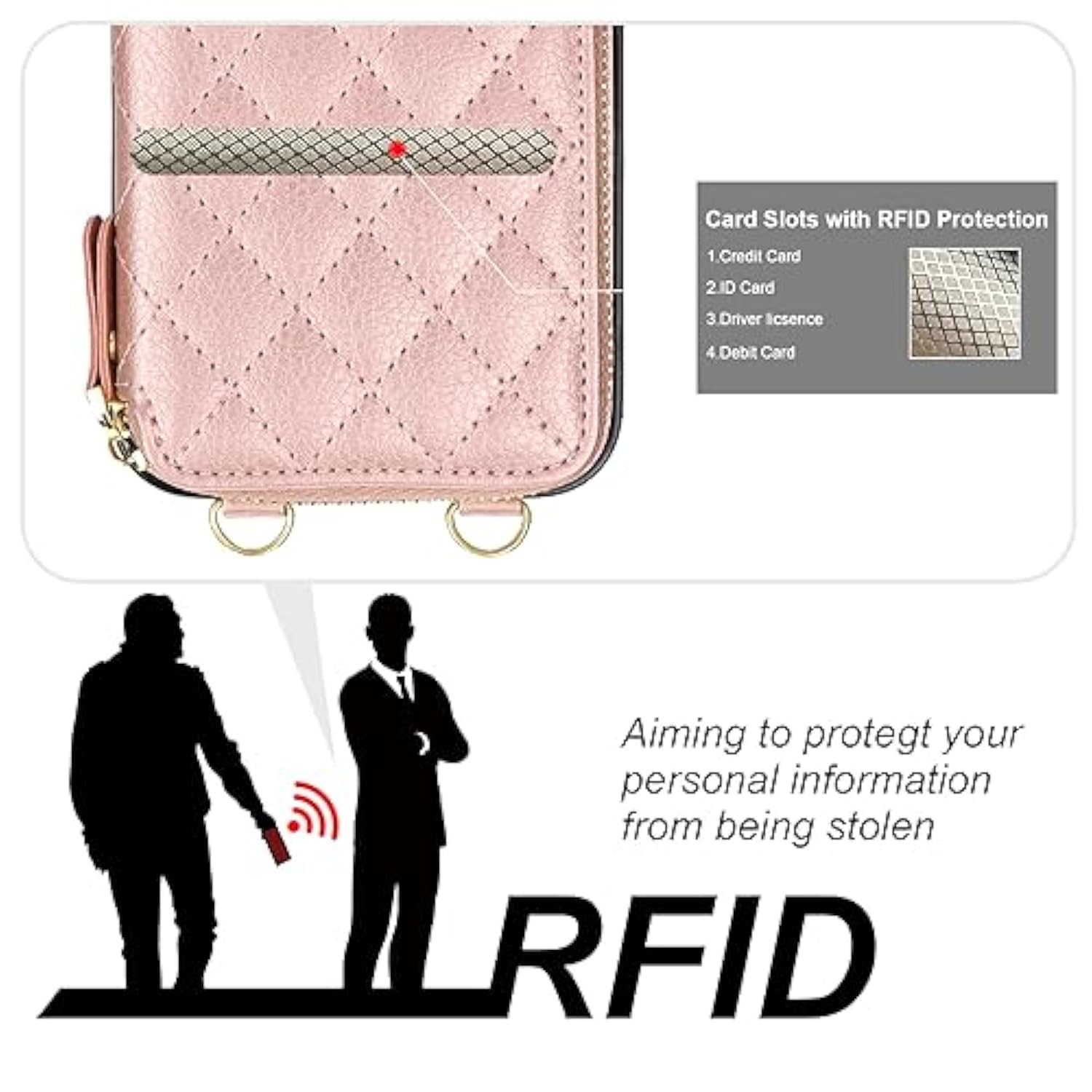 Crossbody Wallet Case For Iphone 15 Pro Max, Rfid Blocking Pu Leather Zipper Handbag Purse Flip Cover, Kickstand Folio Case With Card Slots Holder Wrist Strap Lanyard 5G 6.7 Inch (Rose Gold)