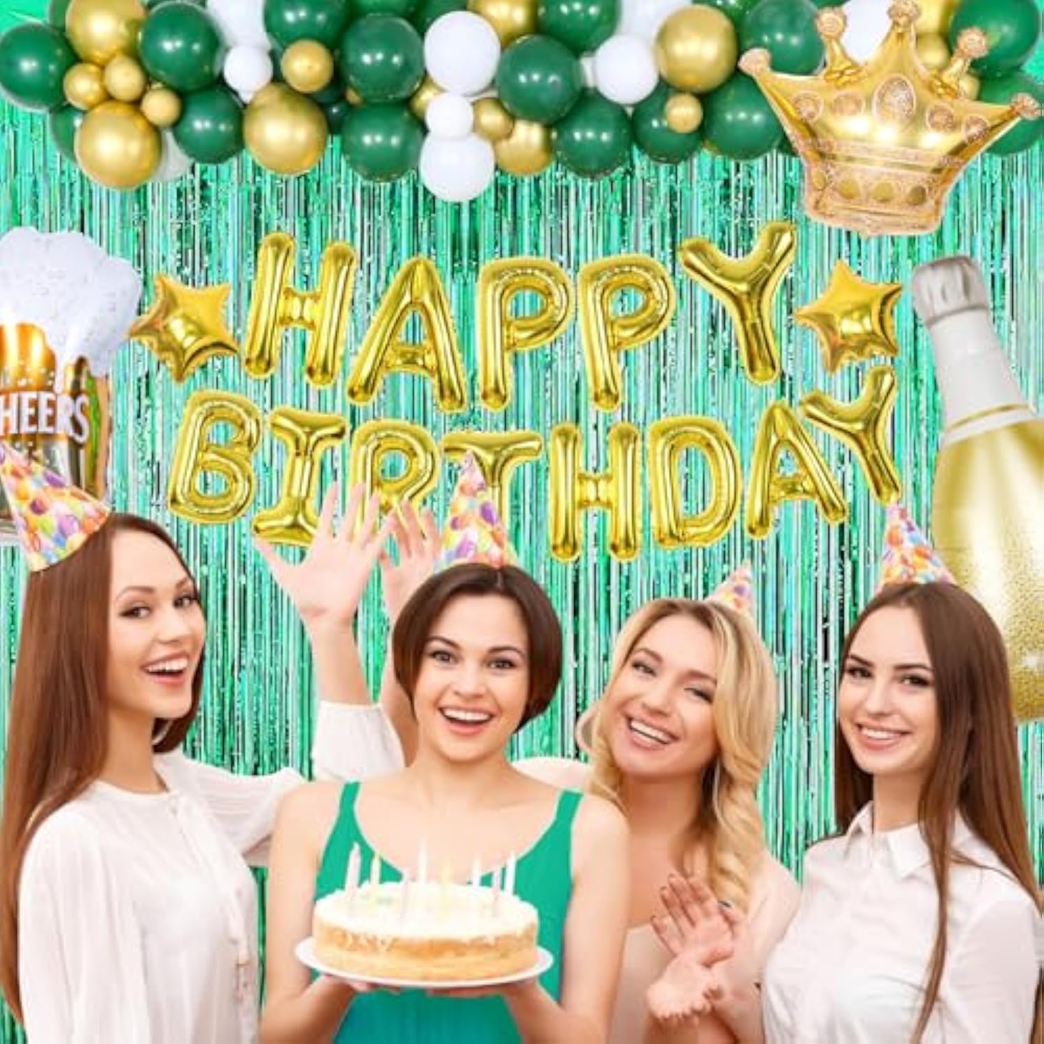 145pcs Green & Gold Birthday Decorations with Garland, Banner  Foil Balloons