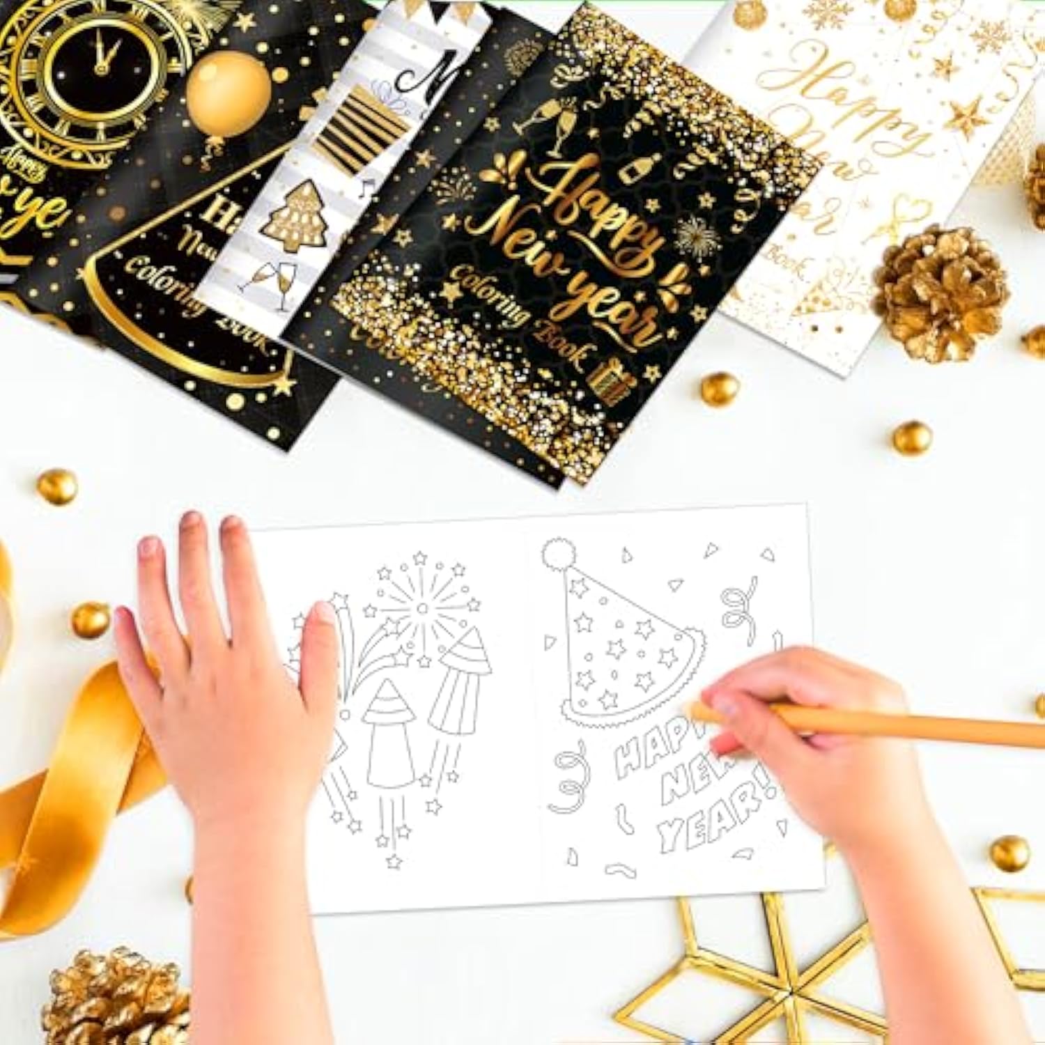12Pcs Happy New Year Coloring Books Bulk, Black White New Year Hat Wine Glass Pattern Coloring Book Year Of 2026 For Holiday Party Activities Fillers Spring Festival Diy Drawing Book